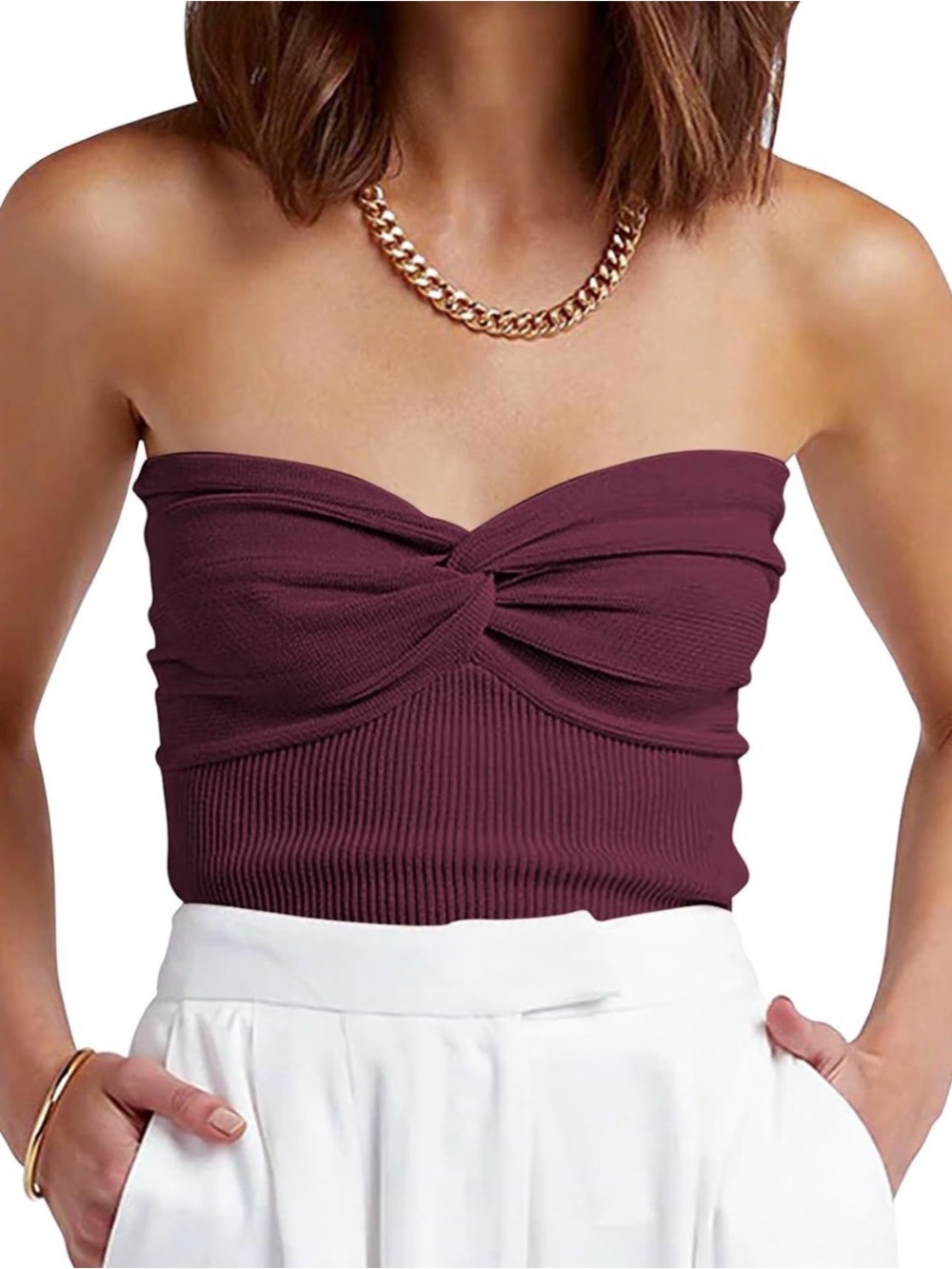 Twist-Front Strapless Ribbed Tube Top - Burgundy. Size Small